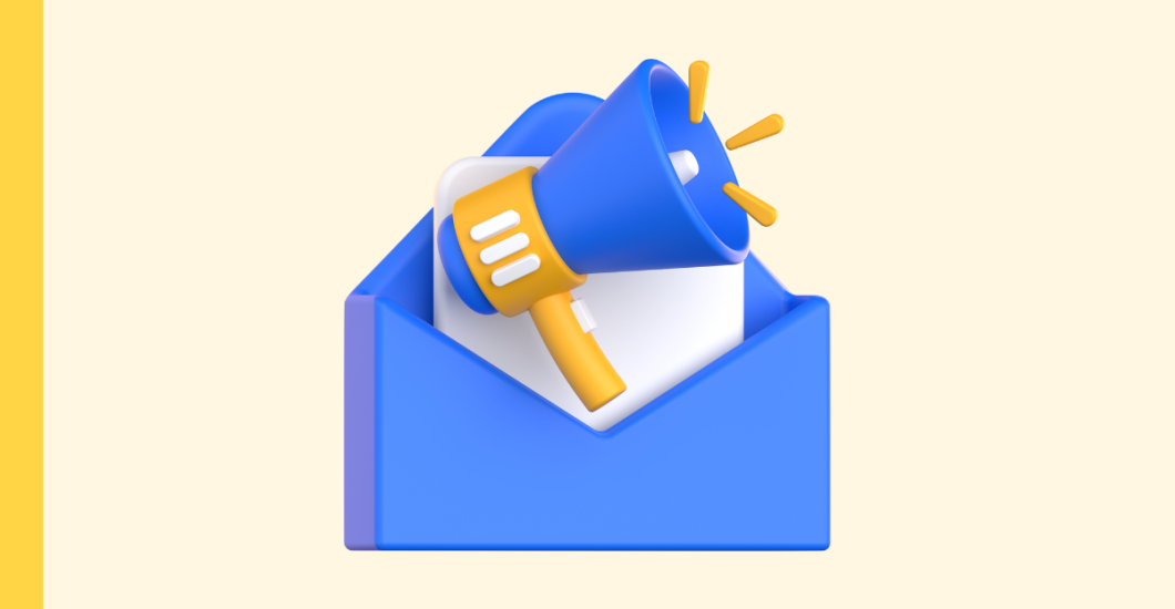 Graphic of an open blue envelope with a megaphone coming out of it.