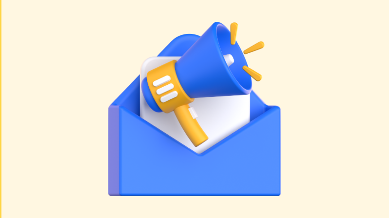 Graphic of an open blue envelope with a megaphone coming out of it.