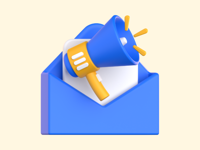 Graphic of an open blue envelope with a megaphone coming out of it.