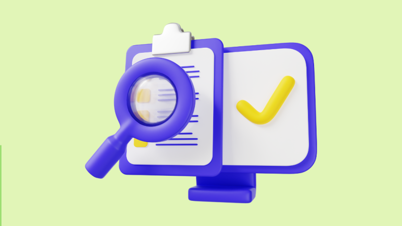 green background with a computer monitor/checklist/overlayed magnifying glass icon