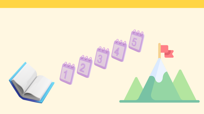 image of book and five calendar days ascending a mountain with a flag on top