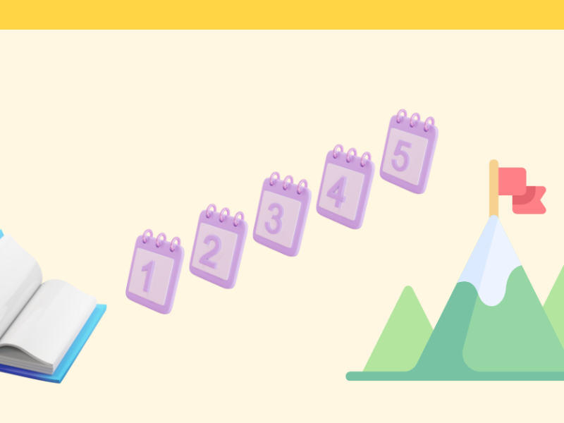 image of book and five calendar days ascending a mountain with a flag on top