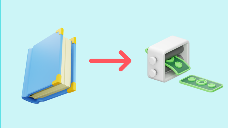 book icon pointing to a dollar counting machine