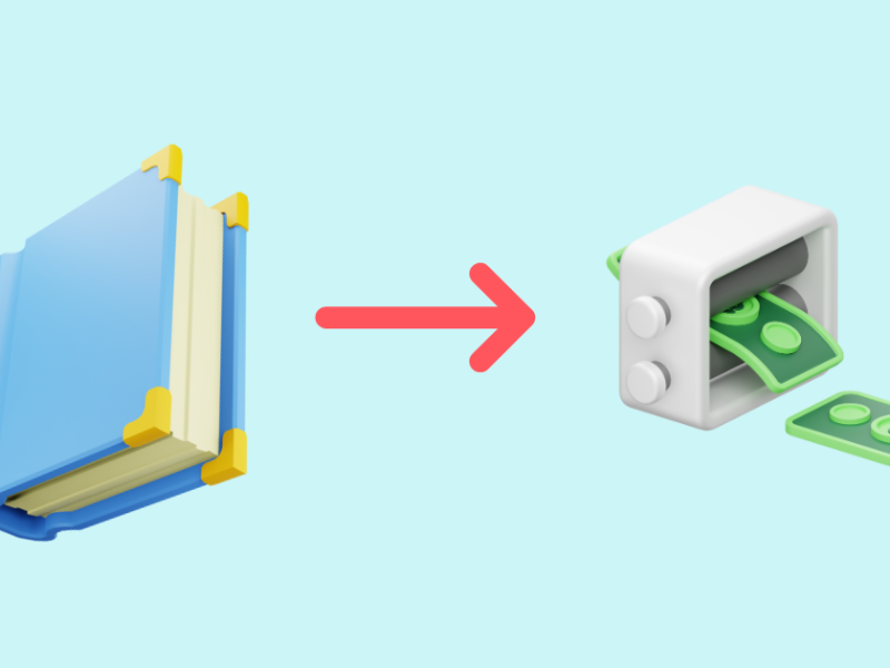 book icon pointing to a dollar counting machine
