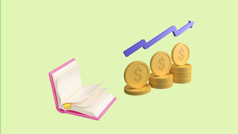 Book and coin stack bar graph with ascending purple arrow