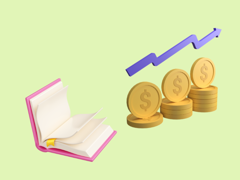 Book and coin stack bar graph with ascending purple arrow