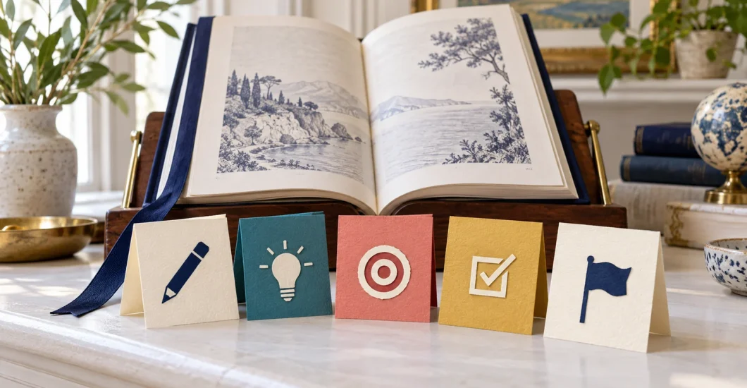 Open book behind five activity cards with simple task icons.