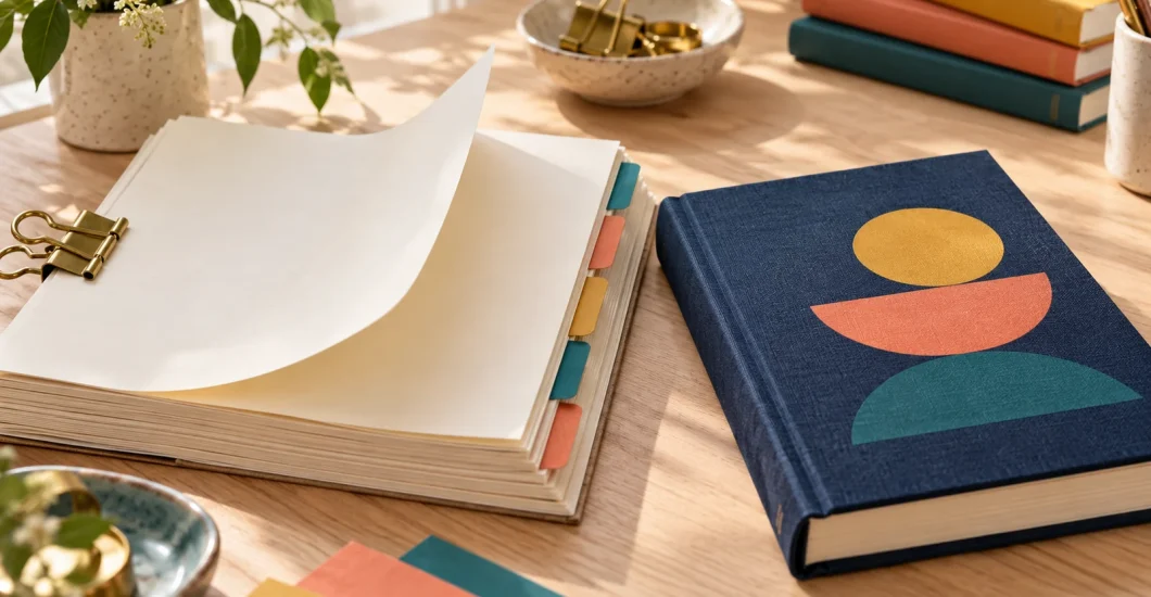 Tabbed manuscript beside a finished navy clothbound book.