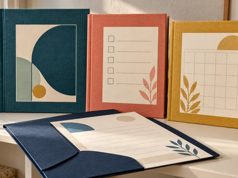 Three coordinated sample resource packs and a sheet partly removed from a navy folder.