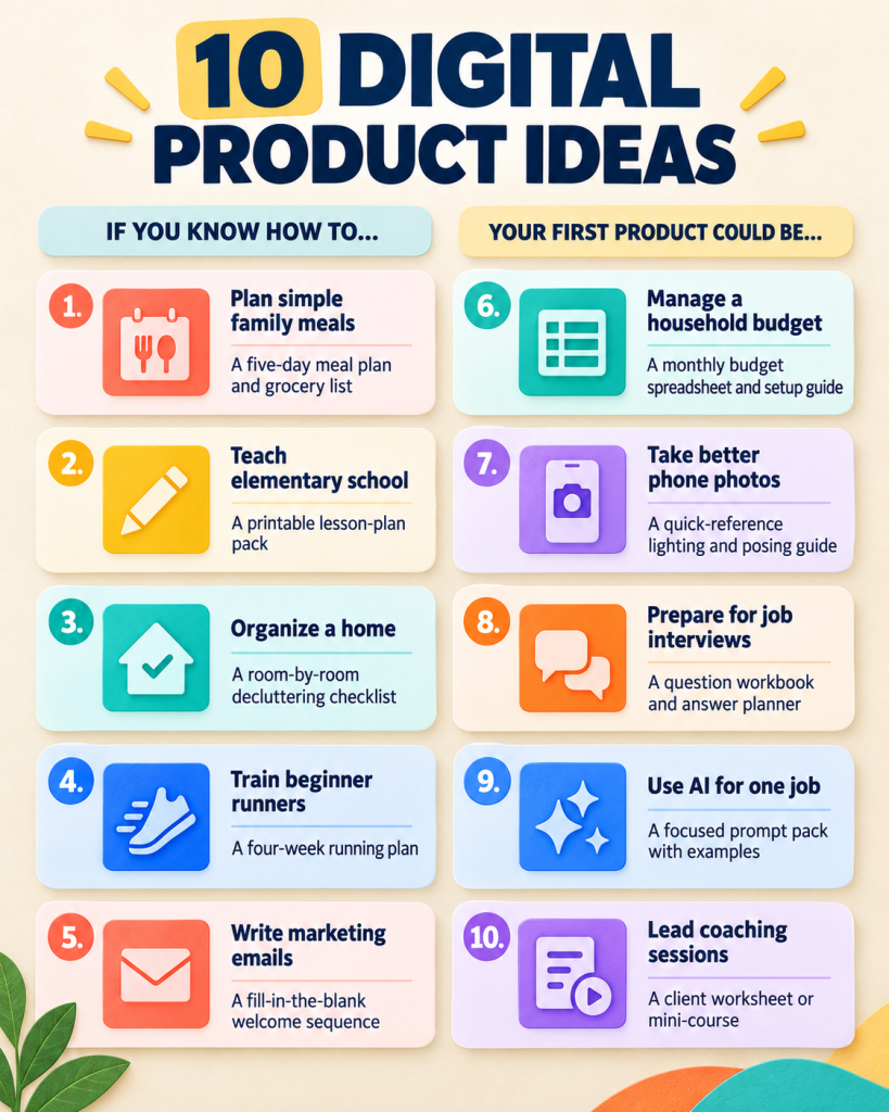 10 Digital Product Ideas -- if you know how to do X, then your first product could be Y infographic