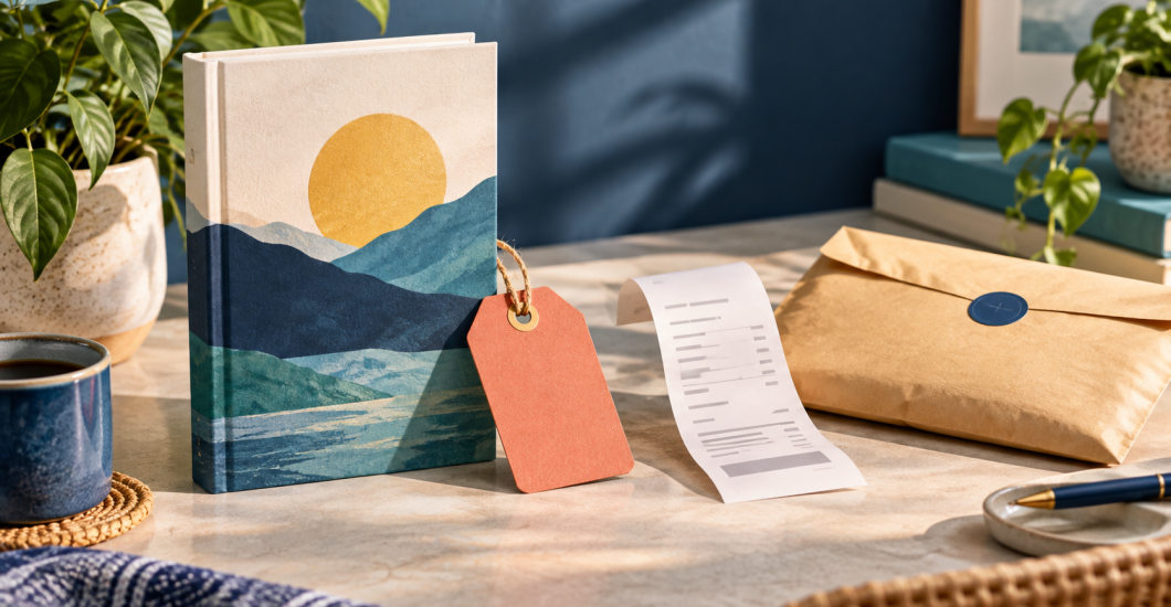 A blue book connected by a paper path to a purchase receipt and a reader bonus booklet