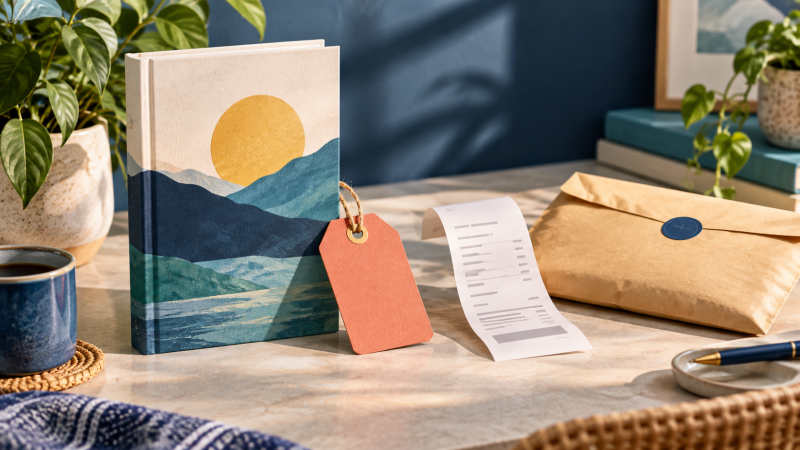 A blue book connected by a paper path to a purchase receipt and a reader bonus booklet