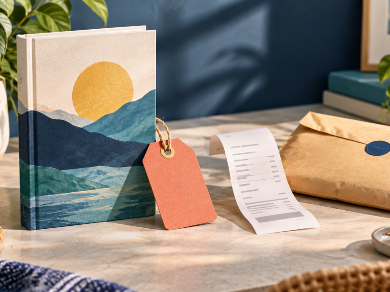 A blue book connected by a paper path to a purchase receipt and a reader bonus booklet