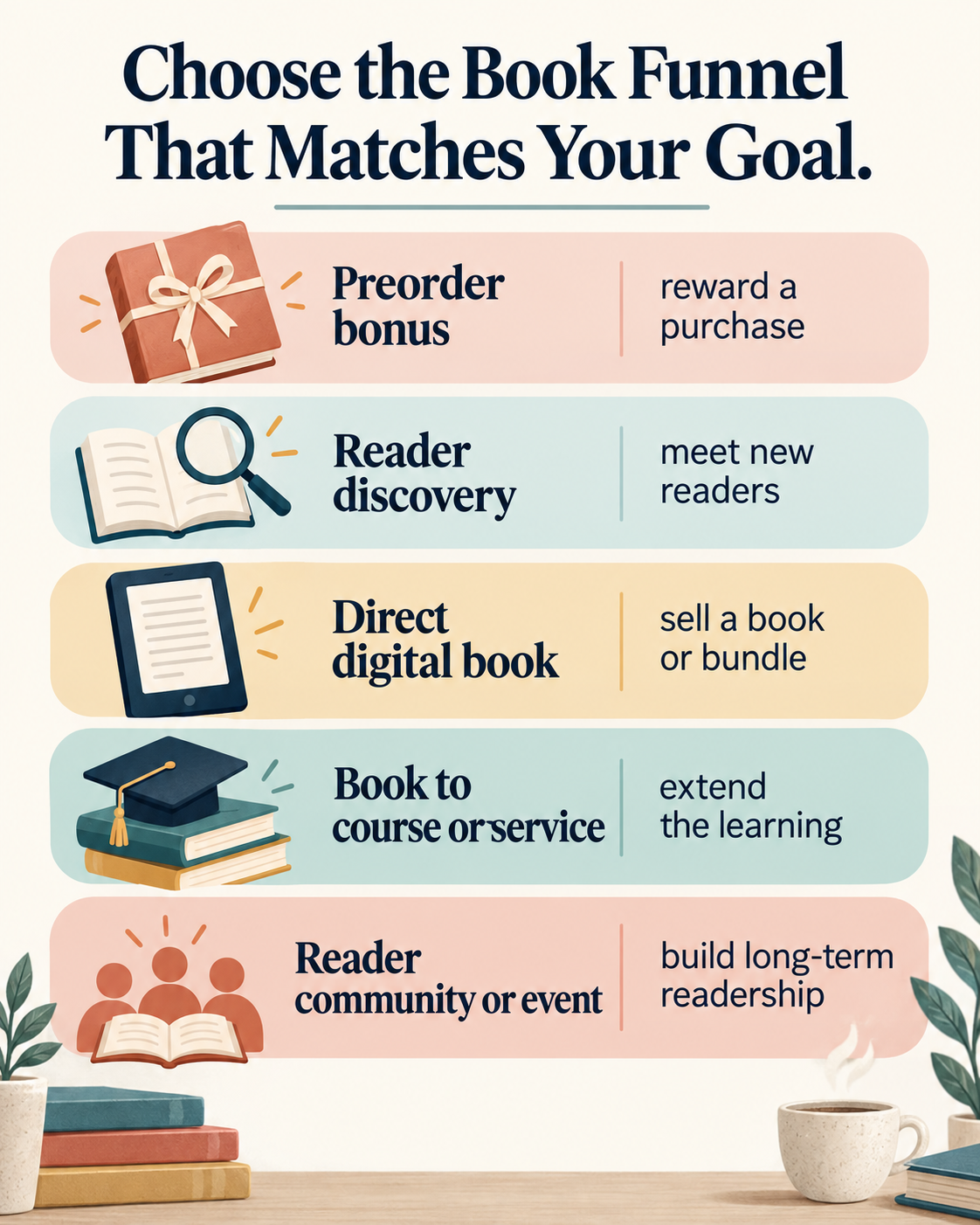Five book funnel types: preorder bonus, reader discovery, direct digital book, book to course or service, and reader community or event
