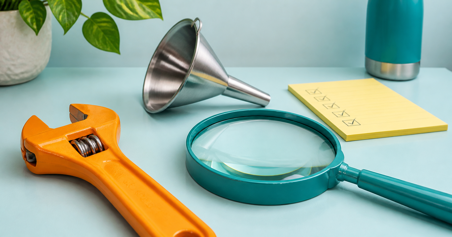 A realistic workspace scene with a funnel, checklist, wrench, and magnifying glass representing funnel builder evaluation