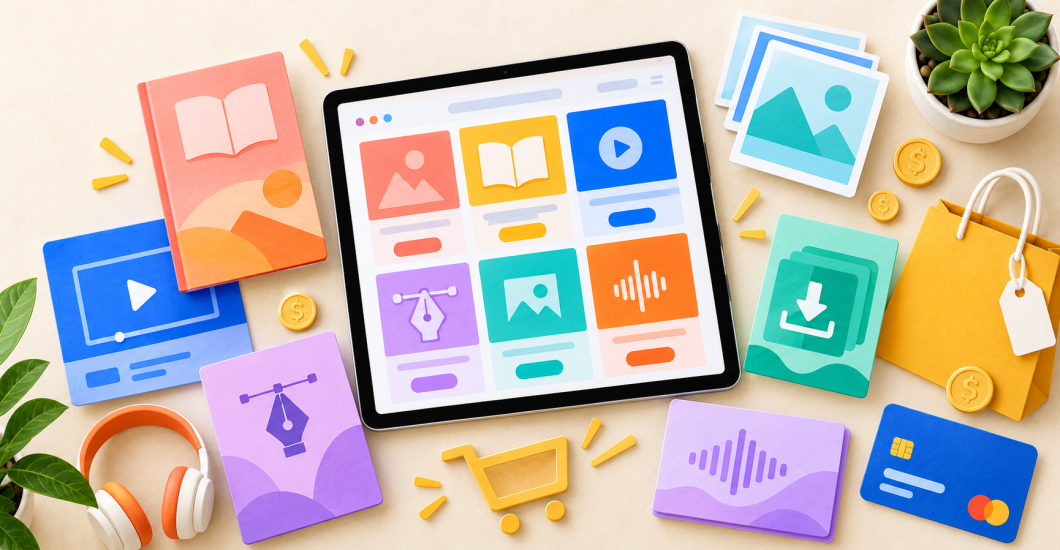 Variation of Digital products in bright colors shown laid on table