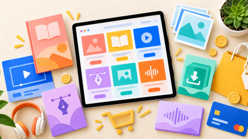 Variation of Digital products in bright colors shown laid on table