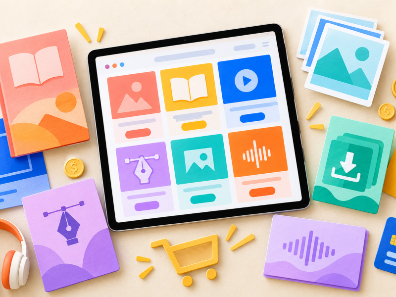 Variation of Digital products in bright colors shown laid on table