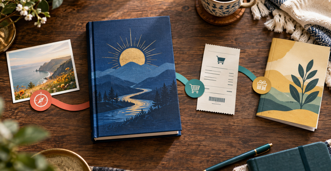 A finished book, price tag, checkout receipt, and delivery envelope on an editorial desk