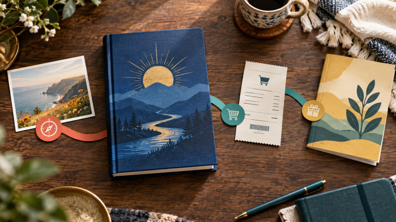 A finished book, price tag, checkout receipt, and delivery envelope on an editorial desk