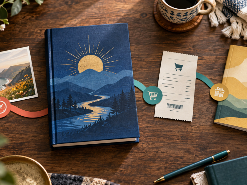 A finished book, price tag, checkout receipt, and delivery envelope on an editorial desk