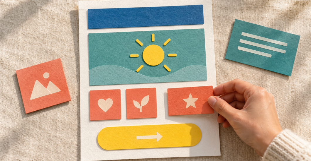 A hand arranges coral paper sections on a landing page model with teal, blue, and yellow blocks.