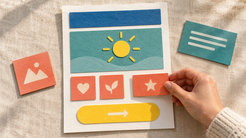 A hand arranges coral paper sections on a landing page model with teal, blue, and yellow blocks.