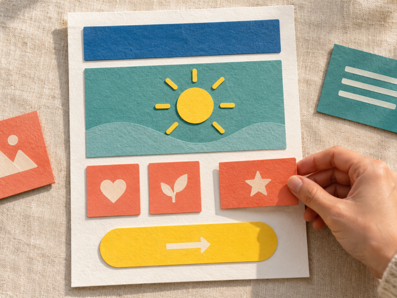 A hand arranges coral paper sections on a landing page model with teal, blue, and yellow blocks.
