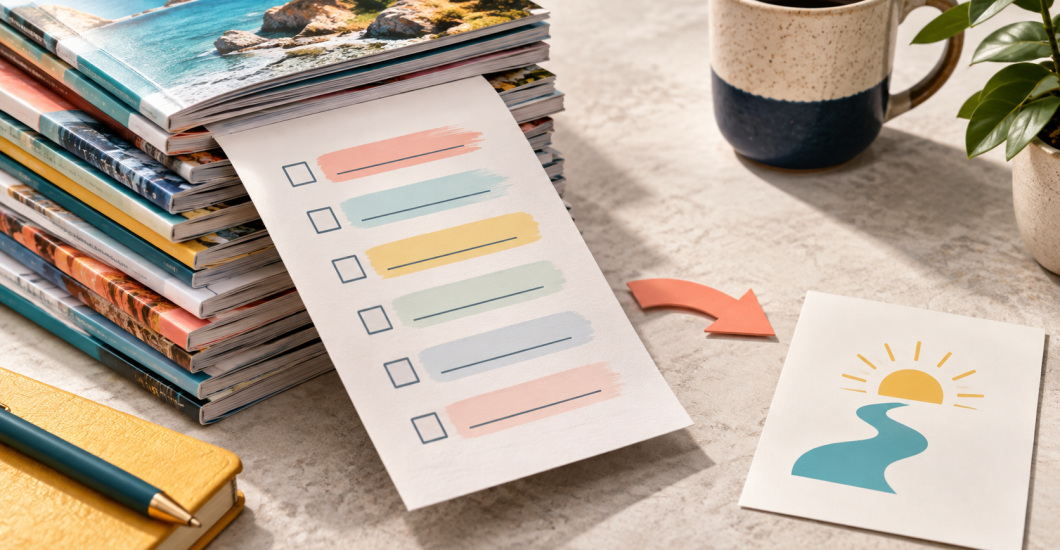 A simple checklist beside a curated stack of resources and a clear next-step card