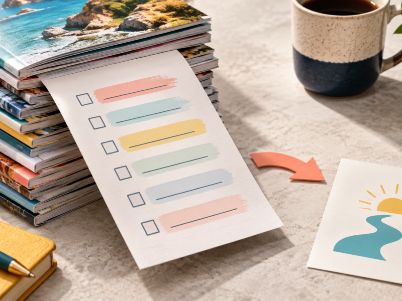 A simple checklist beside a curated stack of resources and a clear next-step card