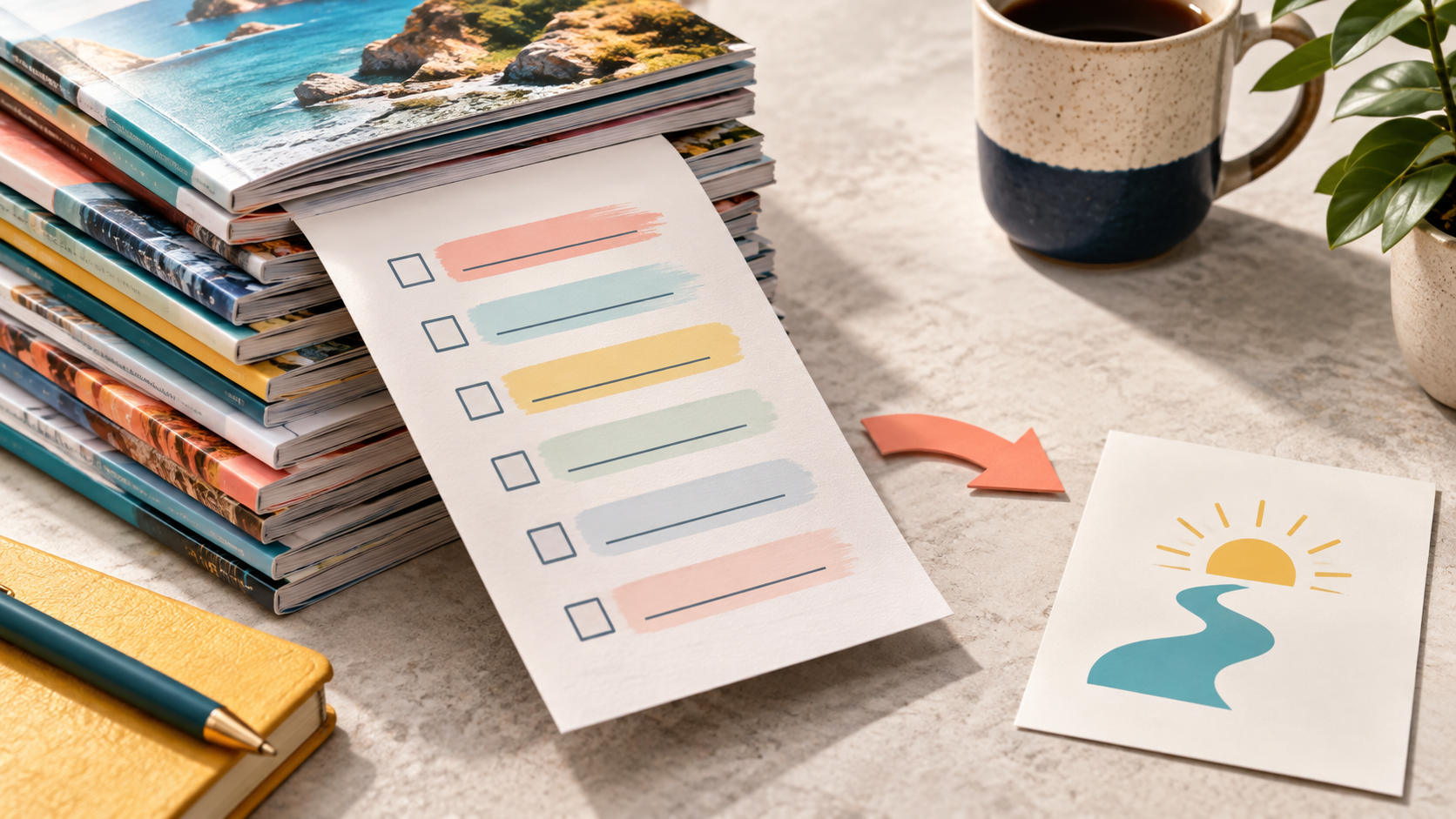 A simple checklist beside a curated stack of resources and a clear next-step card