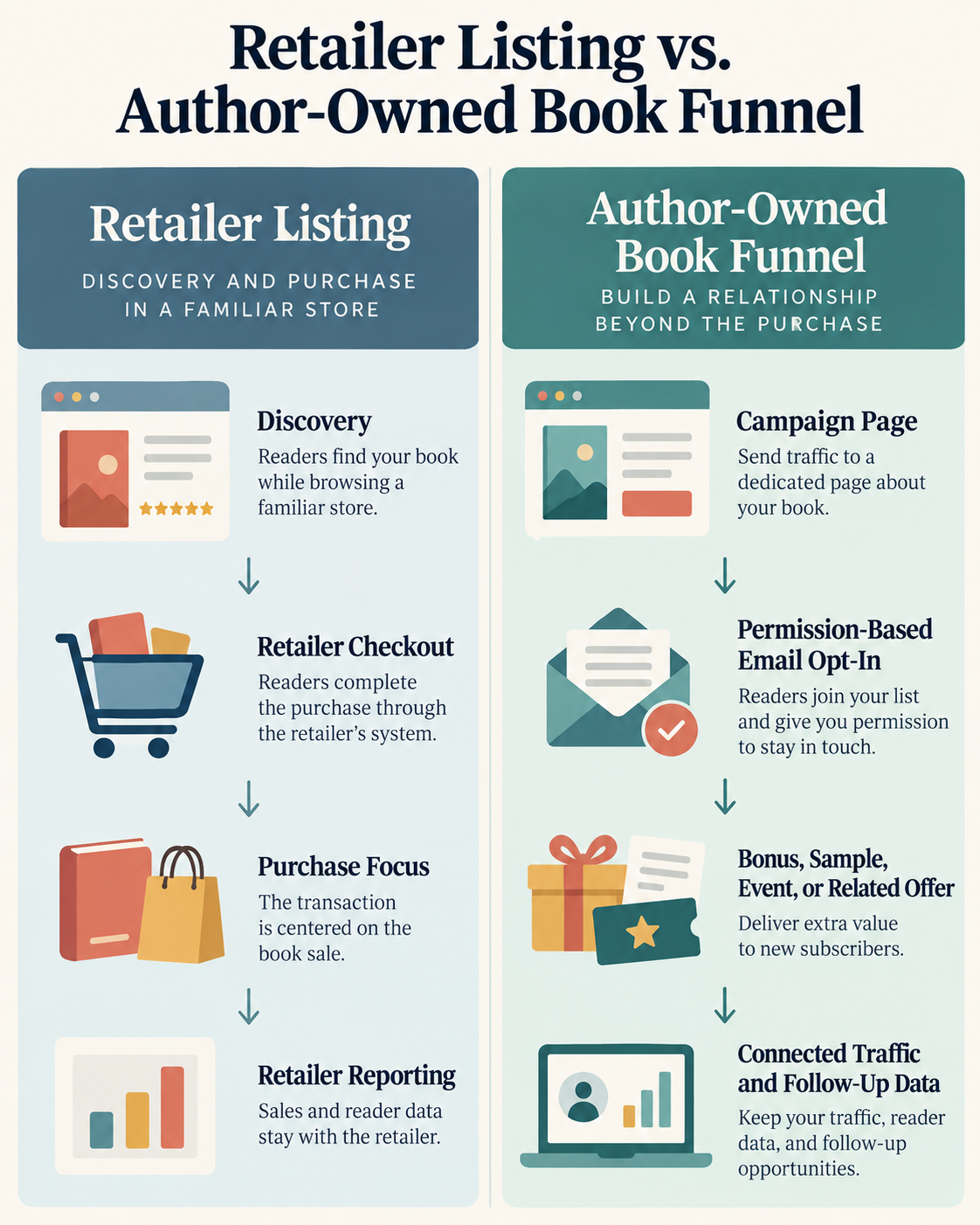 Comparison of a retailer listing and an author-owned book funnel