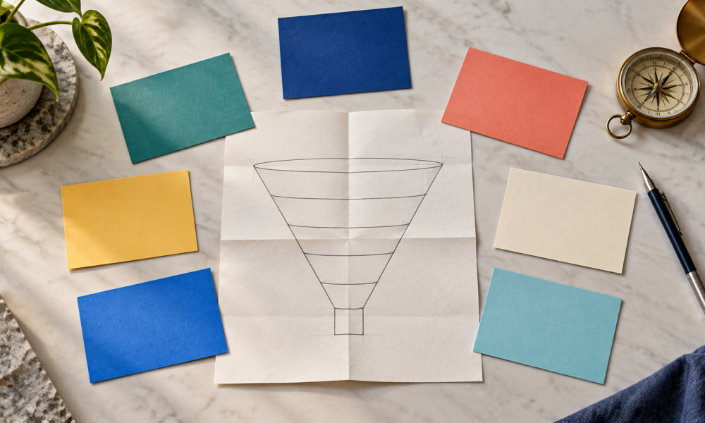 Tactile paper funnel blueprint surrounded by seven colorful decision cards, a compass, and a pencil