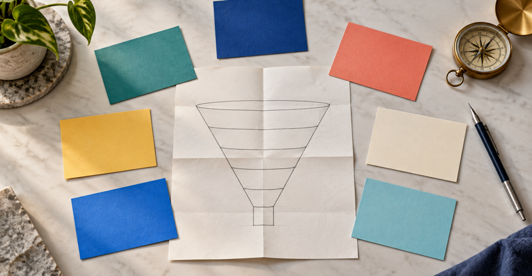 Tactile paper funnel blueprint surrounded by seven colorful decision cards, a compass, and a pencil