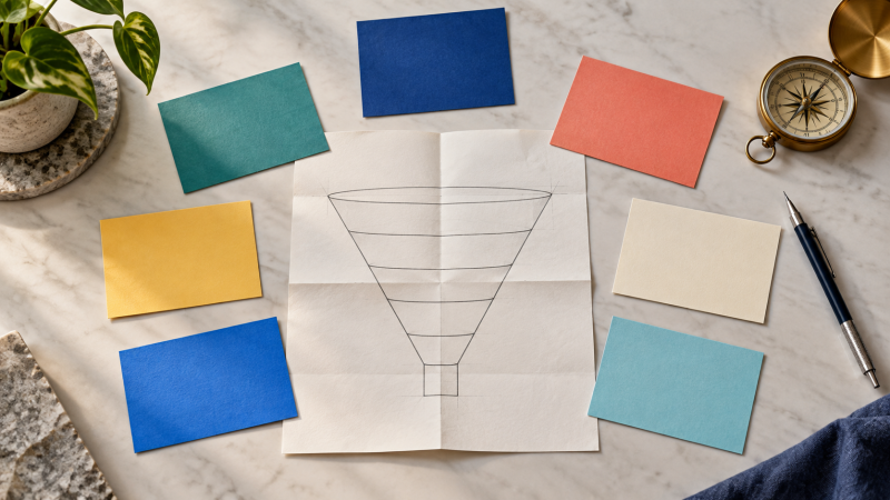 Tactile paper funnel blueprint surrounded by seven colorful decision cards, a compass, and a pencil