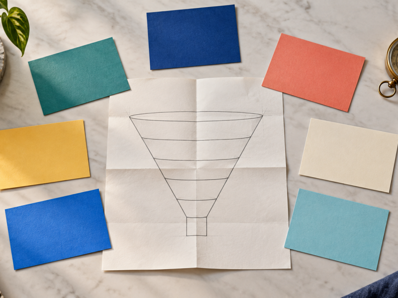 Tactile paper funnel blueprint surrounded by seven colorful decision cards, a compass, and a pencil