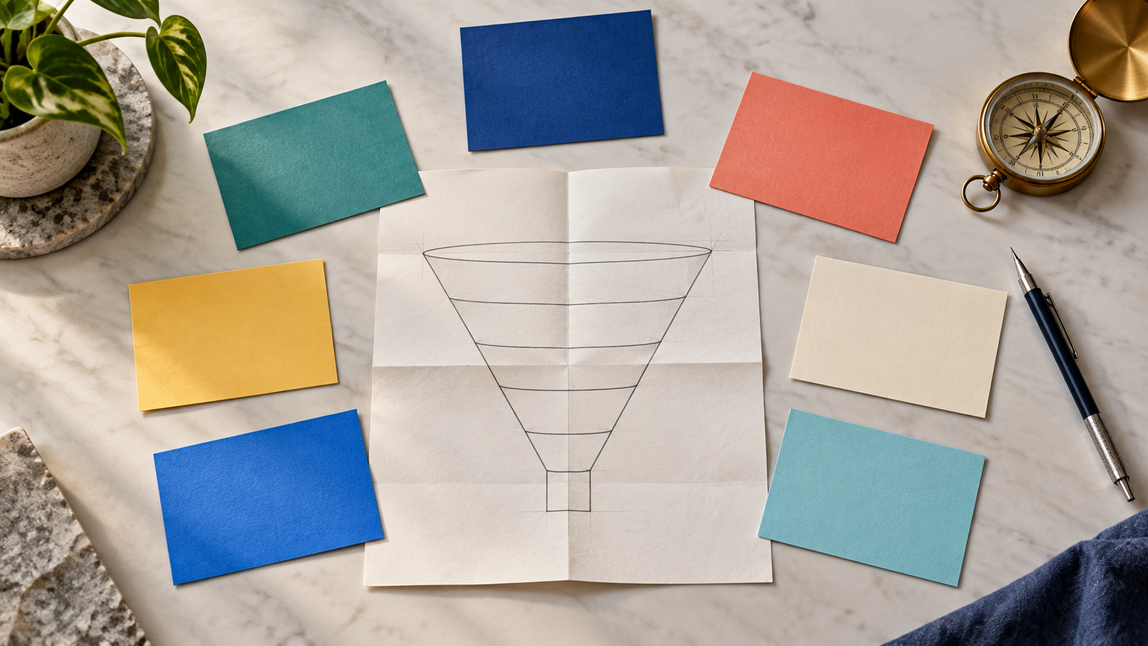 Tactile paper funnel blueprint surrounded by seven colorful decision cards, a compass, and a pencil