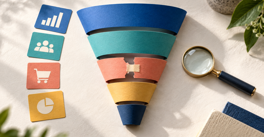 A colorful paper funnel with a repaired weak handoff and metric cards