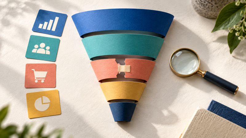 A colorful paper funnel with a repaired weak handoff and metric cards