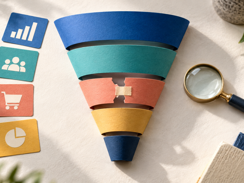 A colorful paper funnel with a repaired weak handoff and metric cards