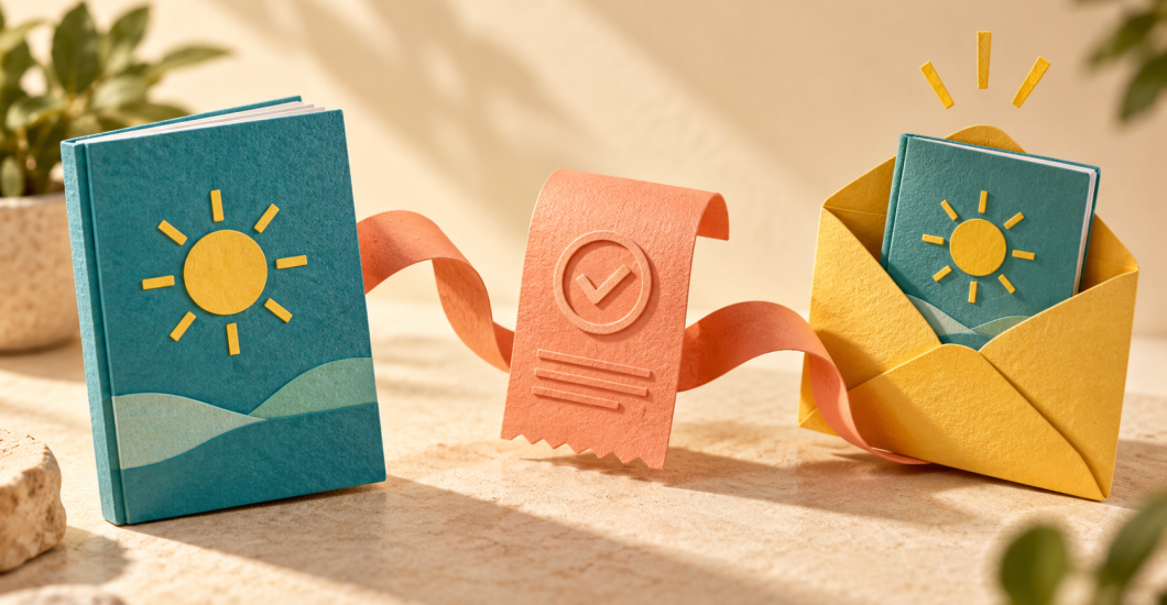 A teal paper guide connects to a coral checkout receipt and a yellow delivery envelope.