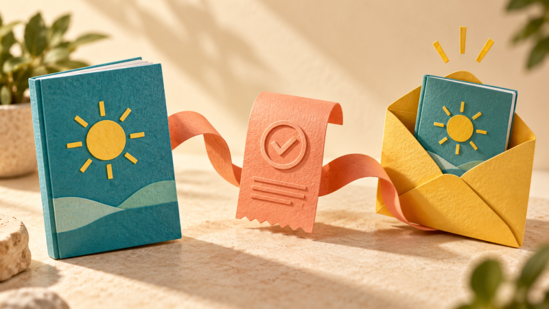 A teal paper guide connects to a coral checkout receipt and a yellow delivery envelope.