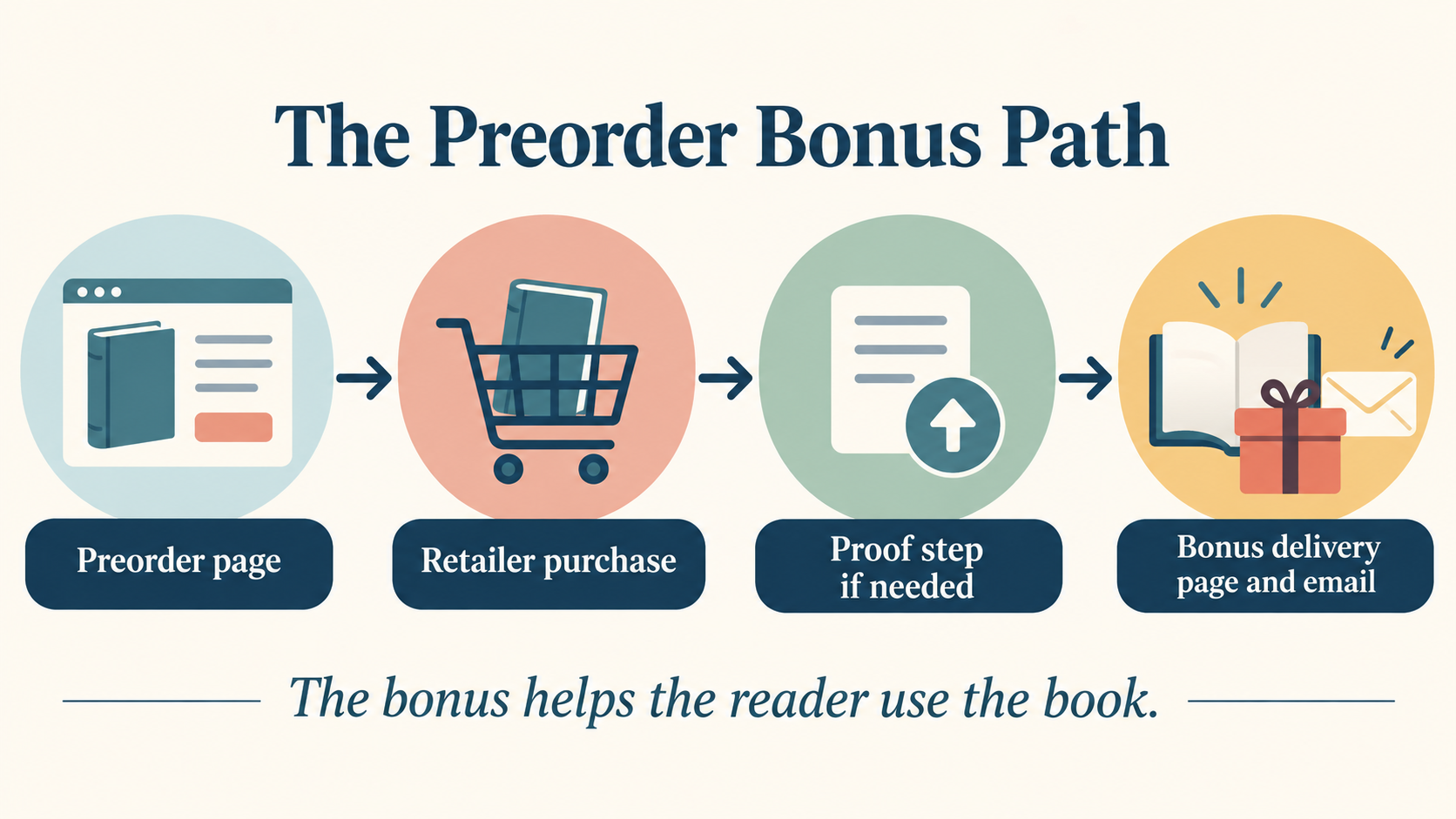 Preorder bonus path: preorder page, retailer purchase, proof step if needed, and bonus delivery page and email