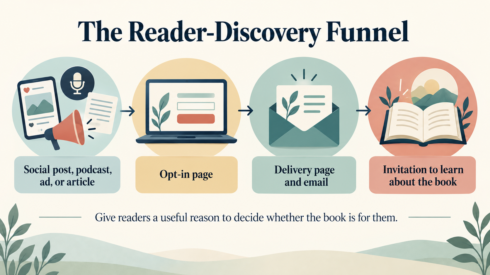 Reader-discovery funnel: discovery source, opt-in page, delivery page and email, then an invitation to learn about the book