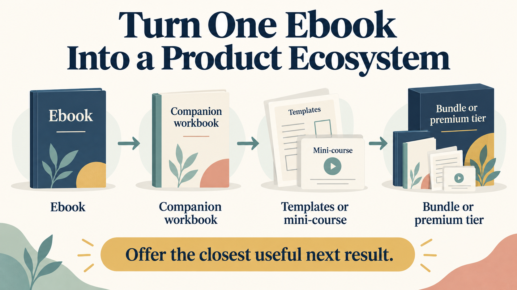 Ebook product ecosystem from ebook to companion workbook, templates or mini-course, and bundle or premium tier