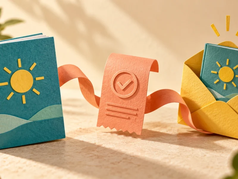 A teal paper guide connects to a coral checkout receipt and a yellow delivery envelope.